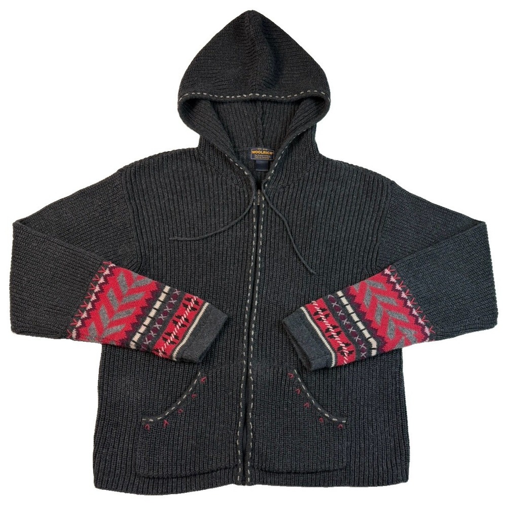 Vintage 90s Woolrich Fair Isle Women's XL Hooded Full Zip Sweater Ramie Cotton
